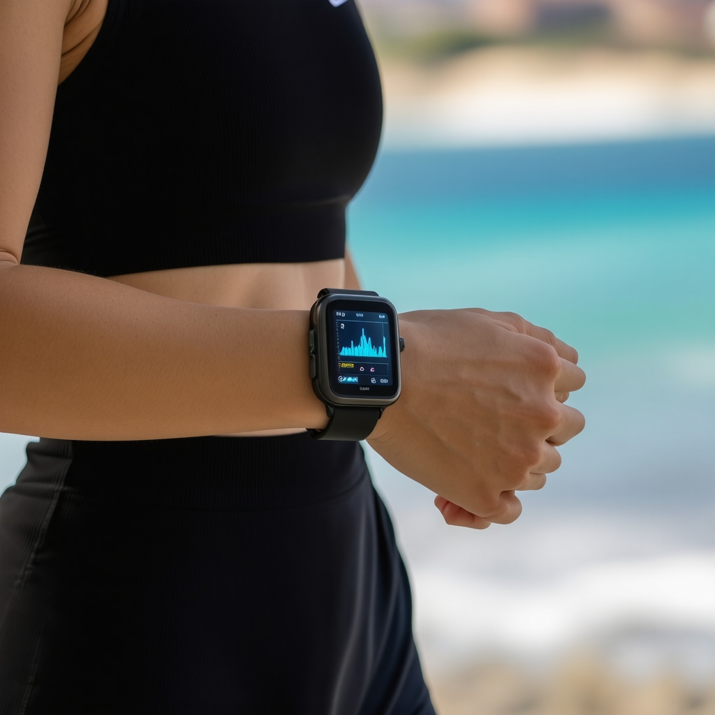 Active woman in San Diego wearing wearable technology tracking hormone and biomarker data during outdoor exercise